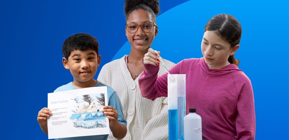 A boy holding a pape, a girls smiling and another girl working on a science project